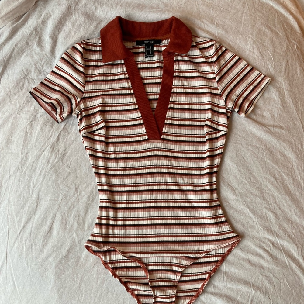 Collared Red and Pink Striped Deep V-Neck Shirt